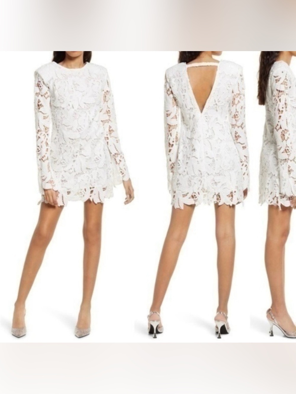 Elegant White Lace Mini Dress with Long Sleeves and Open V Back